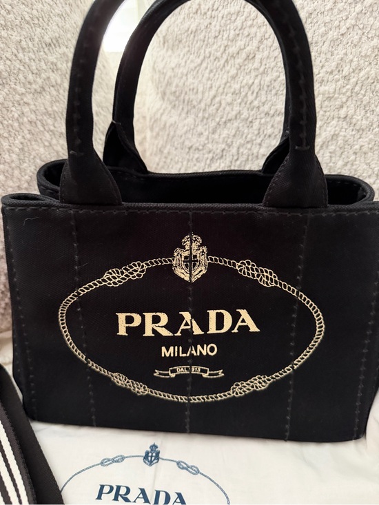 Prada Handbags - Prada Black Canvas Tote with Gold Logo